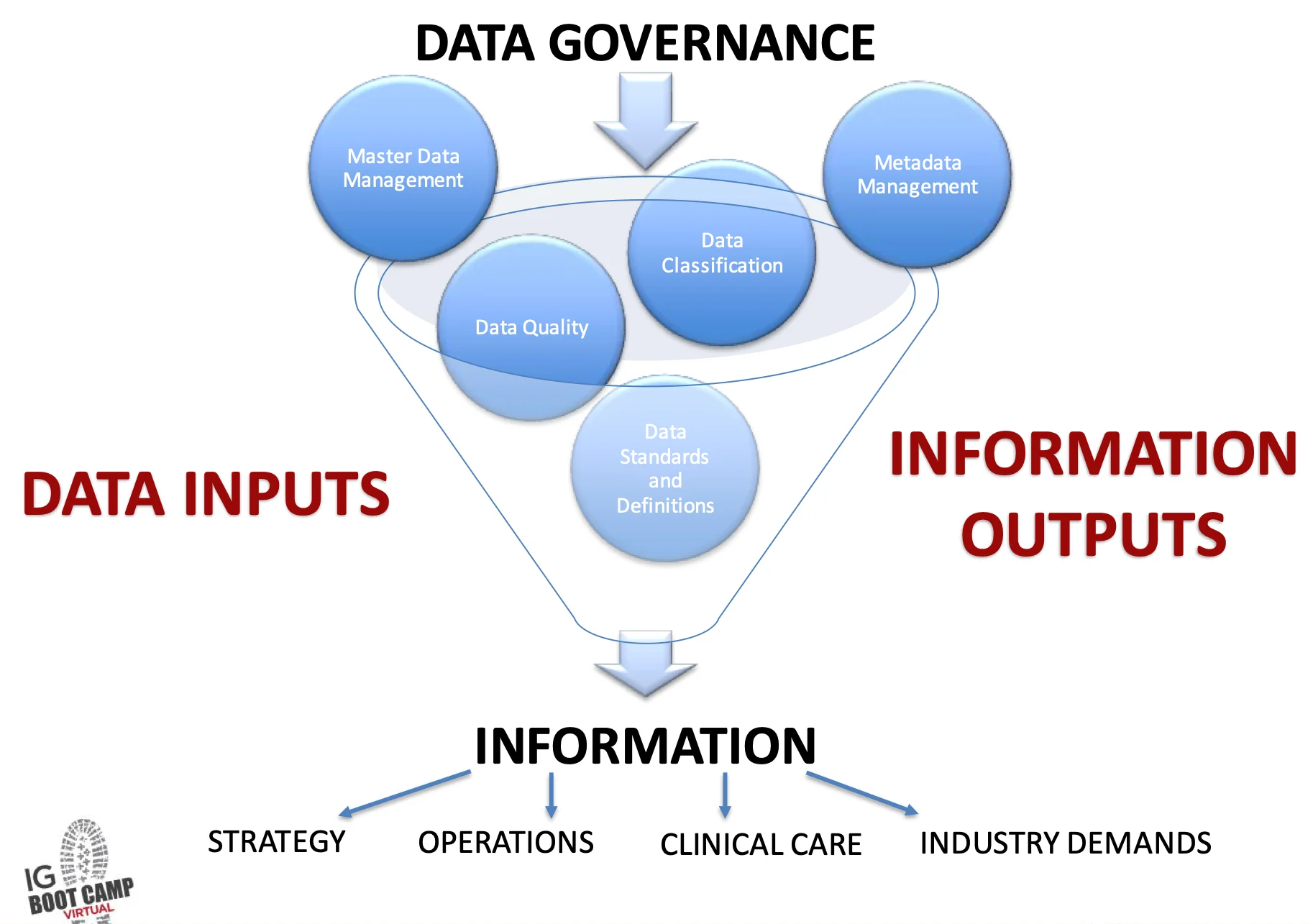 The various functional components of a data governance initiative in healthcare.