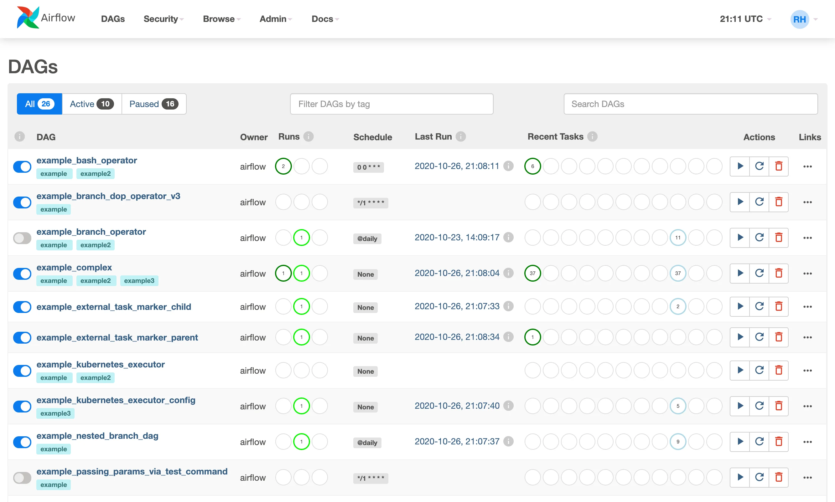 Airflow’s user interface offers a comprehensive view of DAGs and their tasks