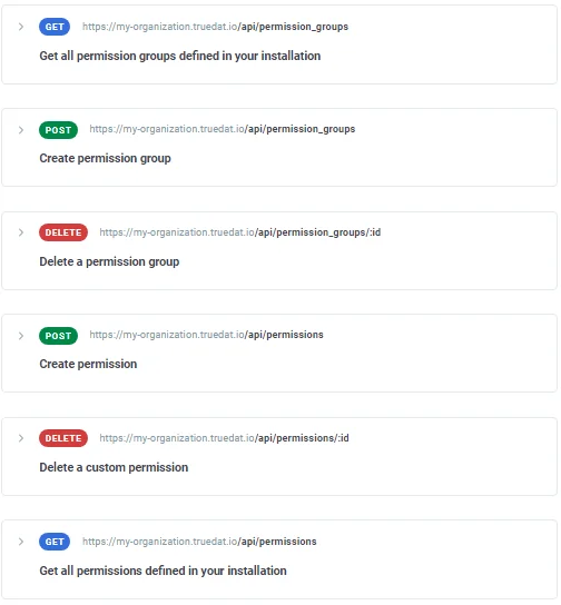 Define custom permissions and permission groups to customize your Truedat installation