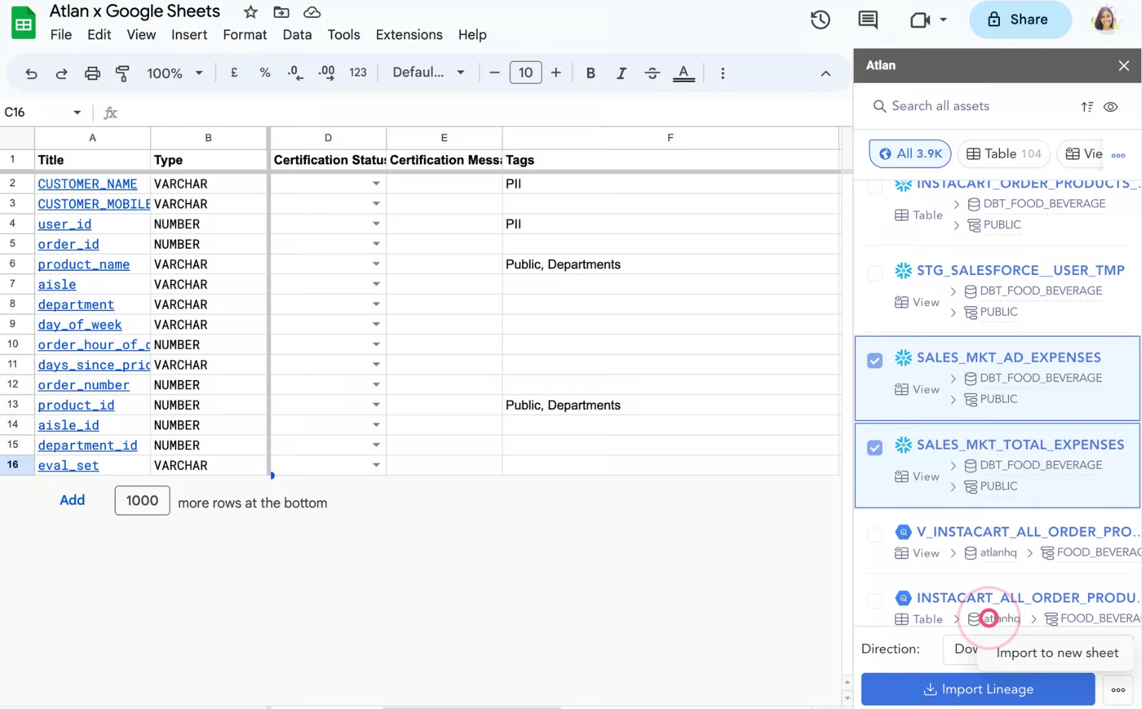 Importing data assets to Google Sheets using Atlan’s Chrome extension