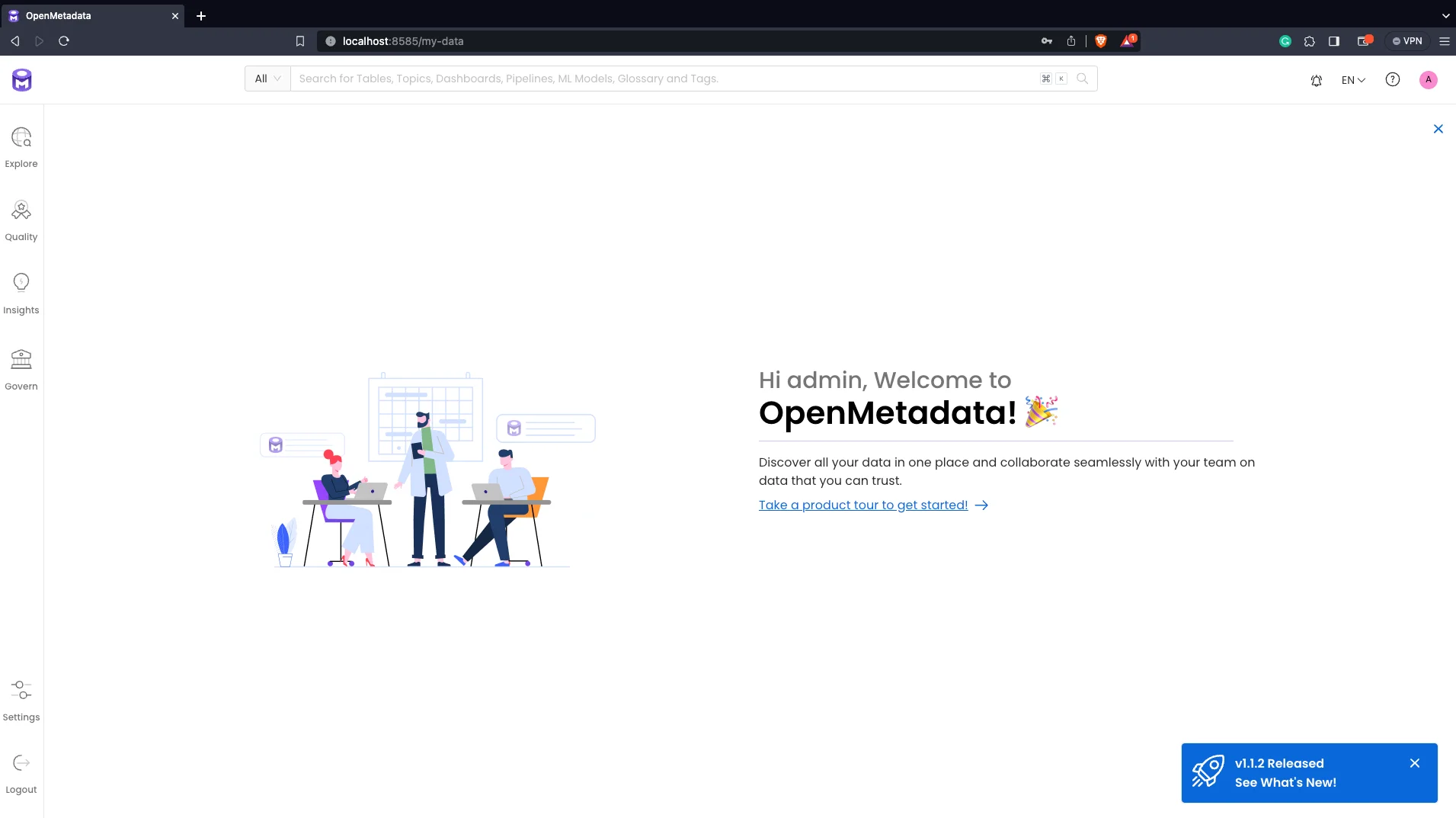 OpenMetadata landing page