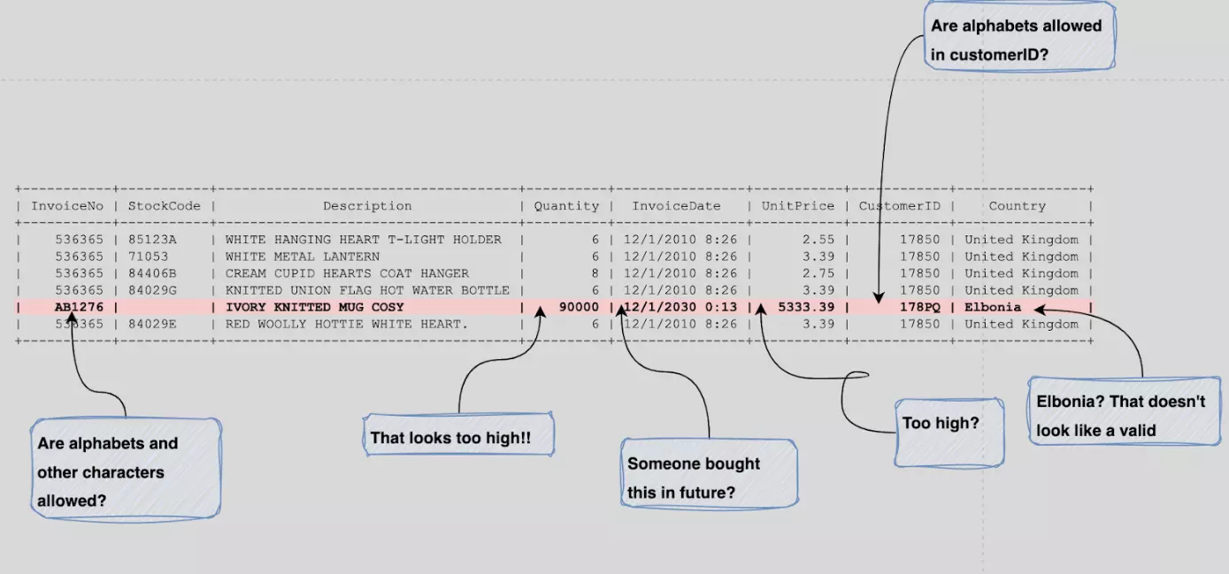 The questions an analyst might have about each record in a dataset