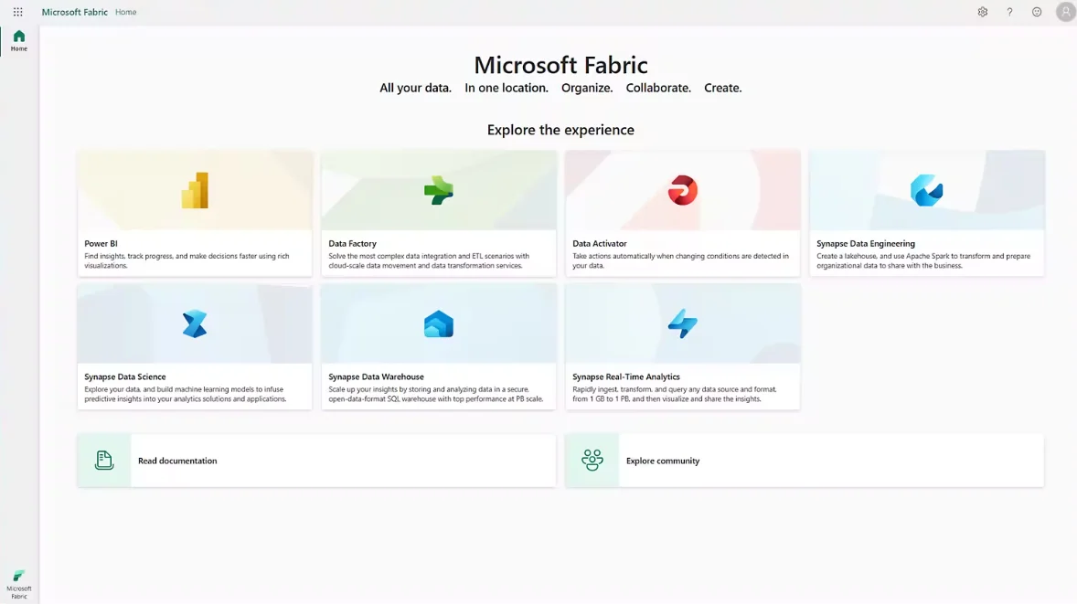 The seven experiences available in Microsoft Fabric as of November 2023.