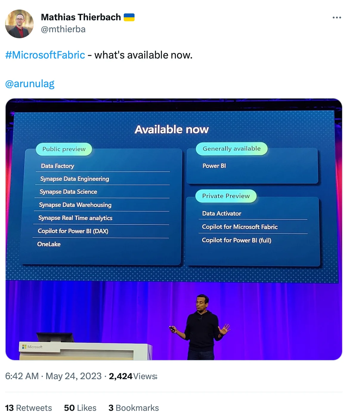 What Microsoft Fabric has to offer as of May 2023, according to Arun Ulagaratchagan, the corporate VP of Azure Data