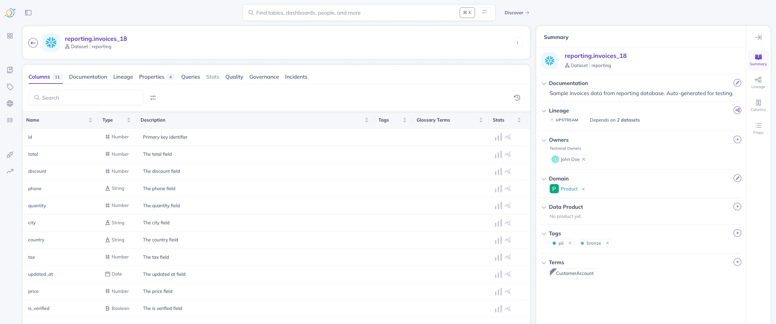 A sample Snowflake data asset on the DataHub UI