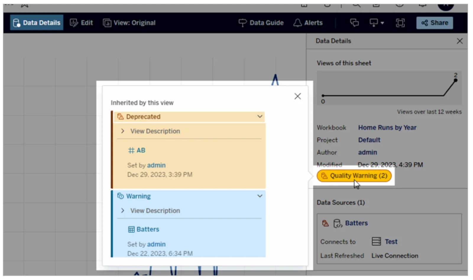 Data quality warnings in Tableau Catalog