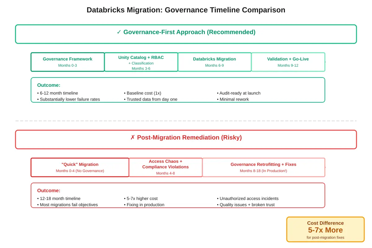 Databricks migration timeline comparing concurrent governance (6-12 months) vs post-migration remediation (12-18 months plus 5-7x cost)