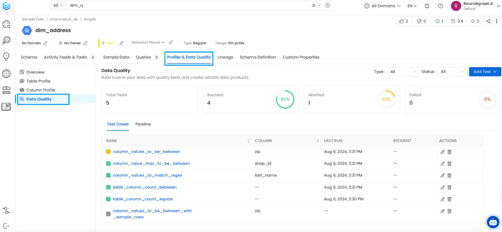 Profiler & Data Quality Tab