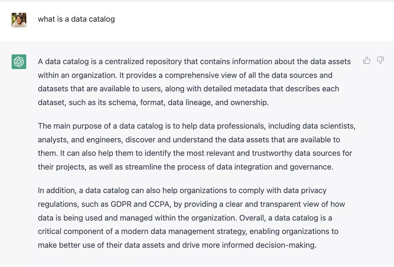 Screenshot of ChatGPT generated answer to what is a data catalog.