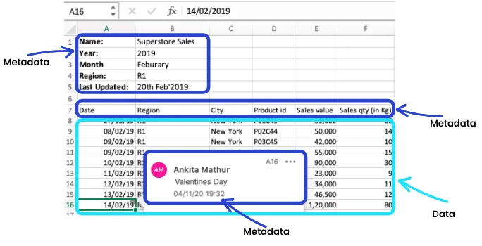 data and metadata in a spreadsheet file