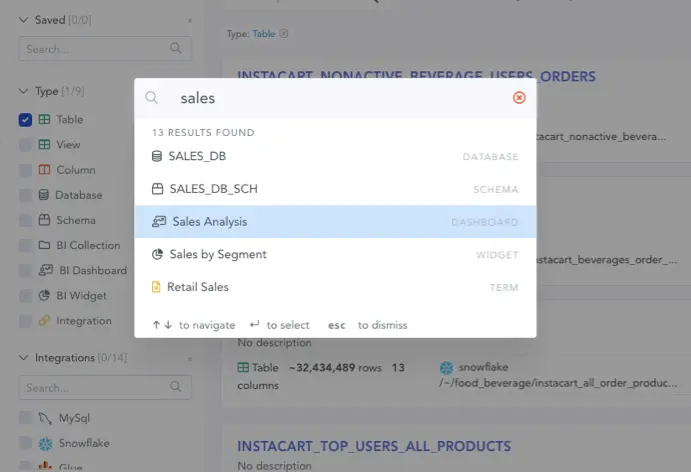 Typing “Sales” on the search window should display a list of relevant data