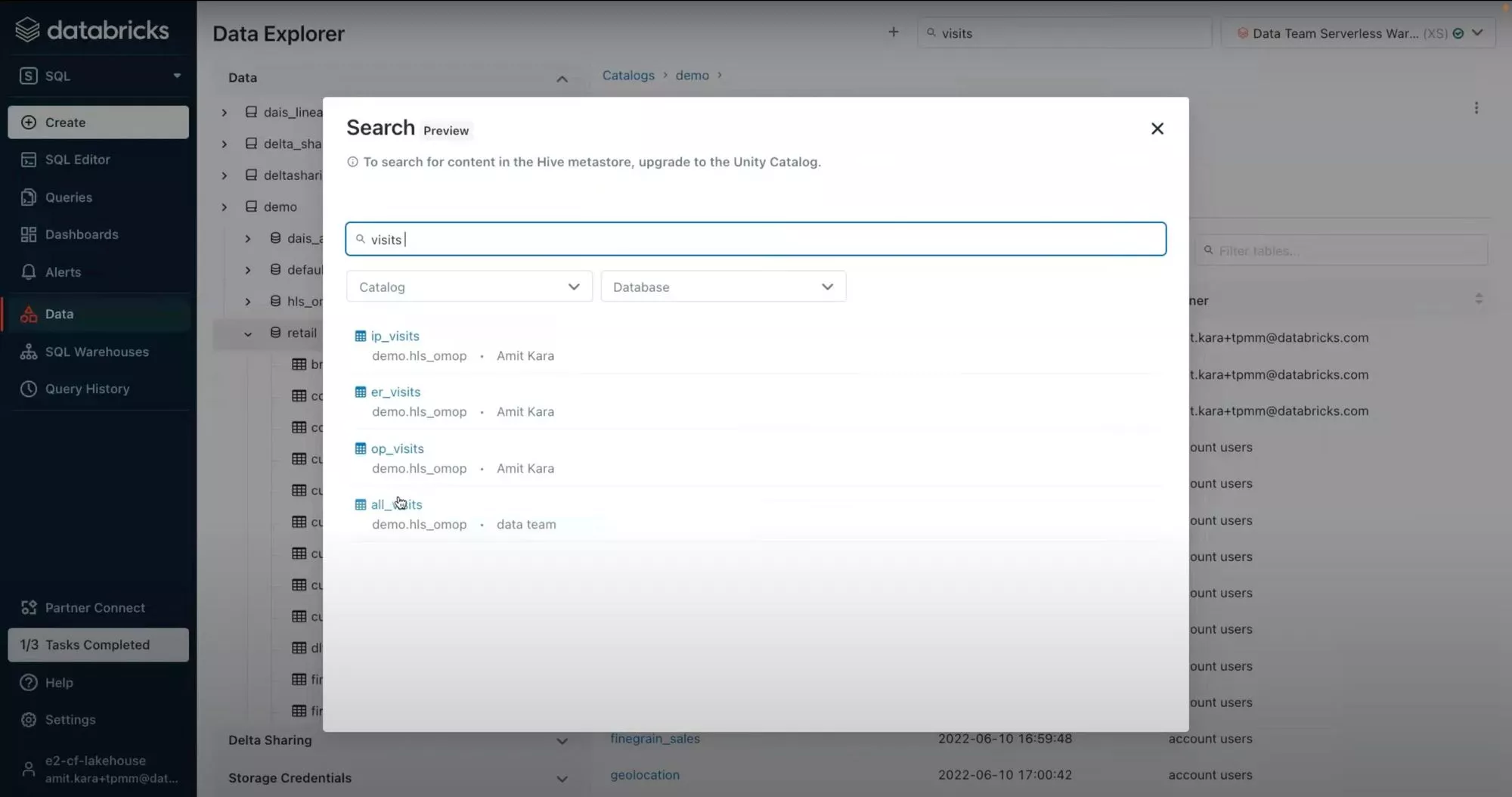 Unity Data Catalog Search and Discovery - Image from a tutorial by Amit Kara of Databricks on the official Databricks YouTube channel