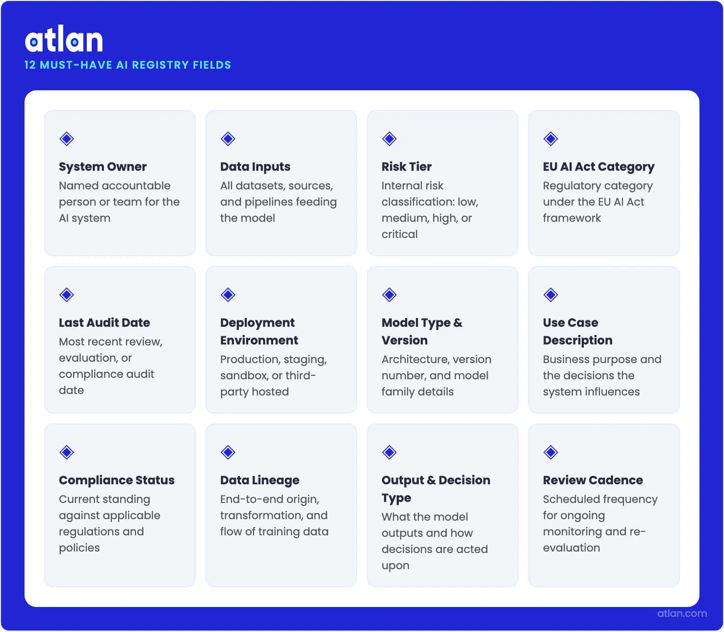 An infographic showing the 12 key metadata schema that every AI registry entry must contain.